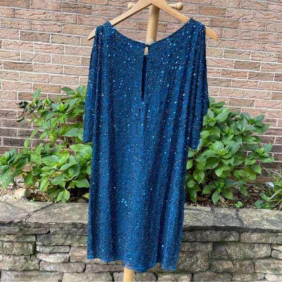 AIDAN MATTOX BEADED SEQUIN BEADED SILK Drape Cold Shoulder Party Dress Size 8 - Picture 2 of 9